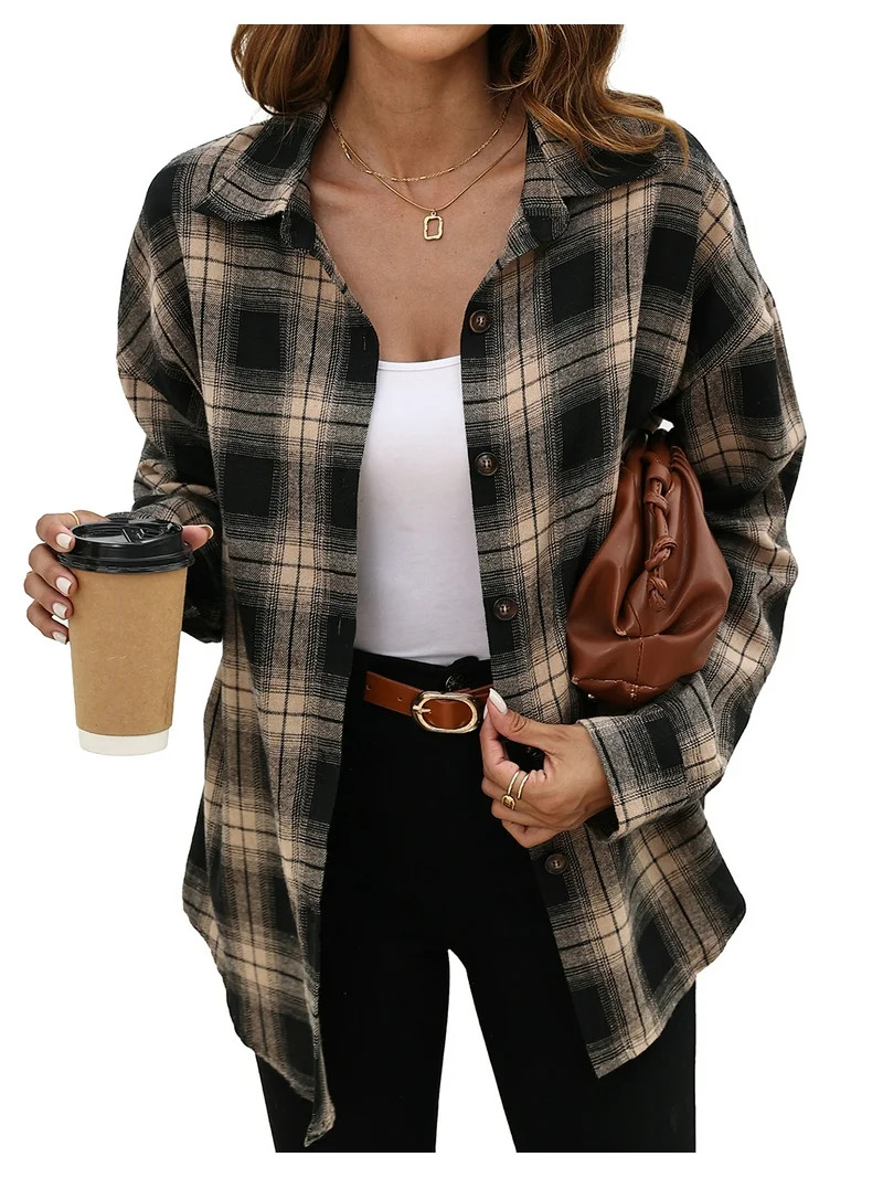 Fantaslook Plaid Flannel Shirts for Women Oversized Long Sleeve Button Down Shirts Blouses Tops | Walmart (US)