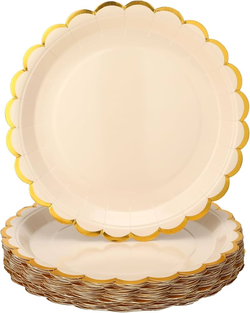Maxcheck 50 Pcs White Gold Scalloped Paper Plates with Gold Foil 9 Inches Disposable Paper Party ... | Amazon (US)