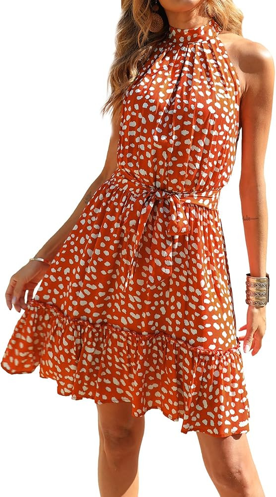 BTFBM Women Floral Dresses Casual Summer Sleeveless Halter Neck Ruffle Belt Boho Polka Dot Leopard P | Amazon (US)