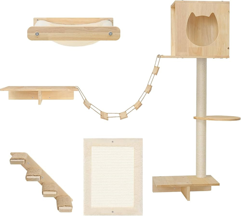 HOOBRO Wood Cat Wall Shelves, Set of 5 Modern Cat Wall Furniture with Corridor, Plush Hammock, St... | Amazon (US)