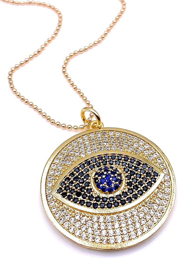 SIFRIMANIA Big Evil Eye for Women Round Disc 1.1 Inch Diameter Pendant Necklace 17.2 Inches Chain | Amazon (US)