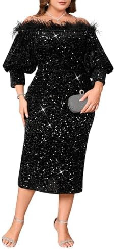 Women Sexy Sequin Off The Shoulder Puff 3/4 Sleeve Bodycon Dress Formal Party Cocktail Evening Mi... | Amazon (US)