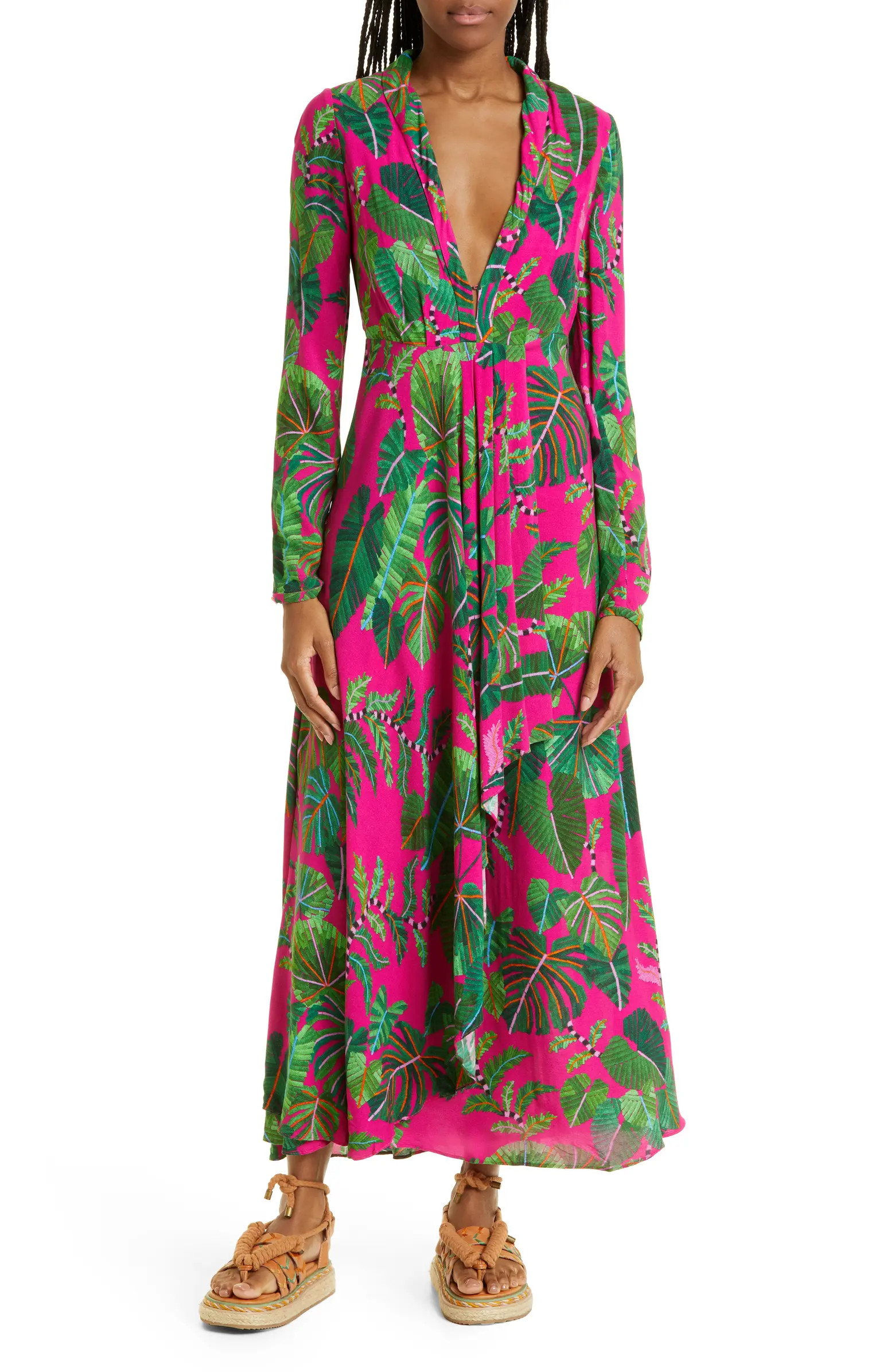 FARM Rio Leaves Print Long Sleeve Maxi Dress | Nordstrom | Nordstrom