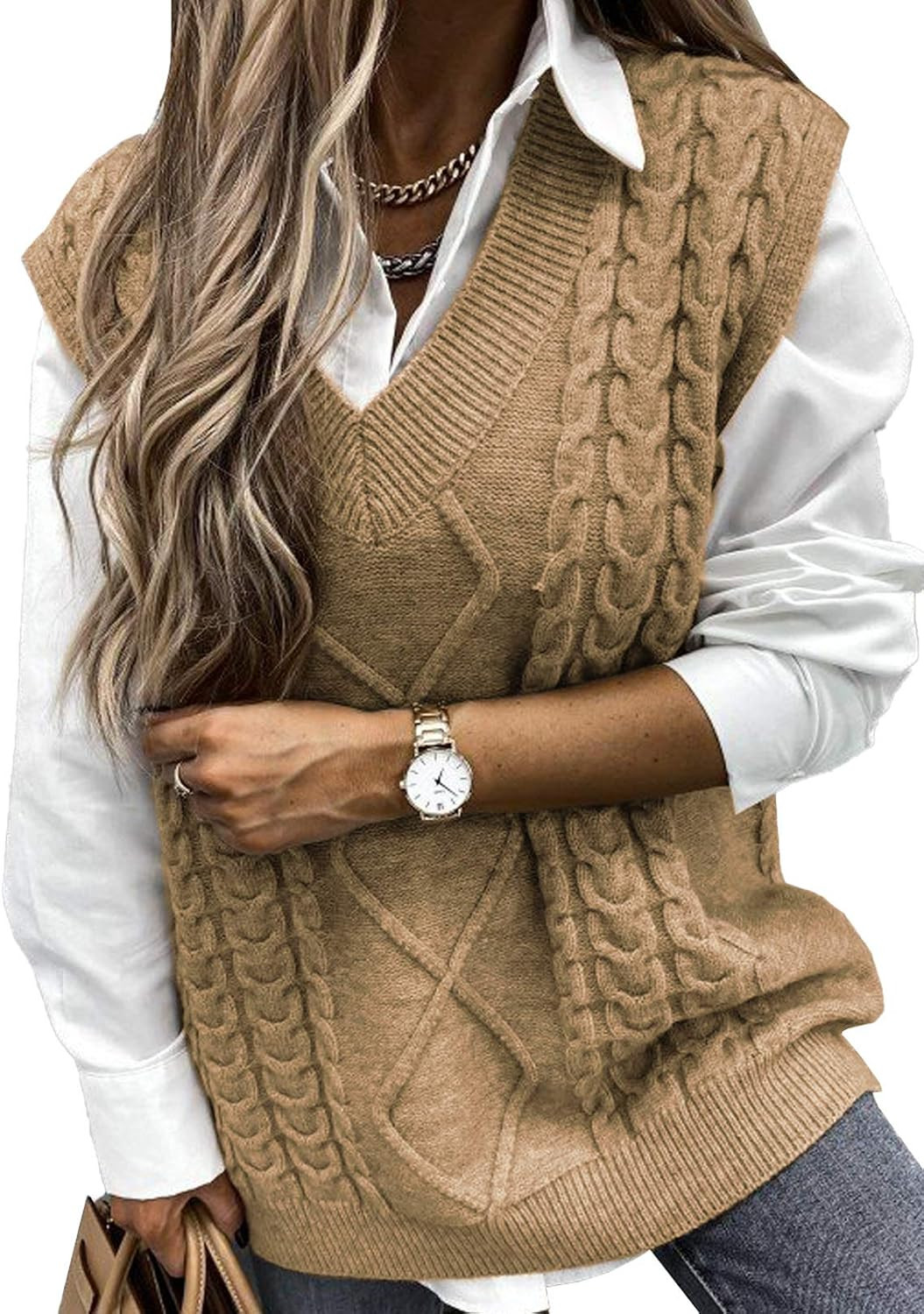 EVALESS Oversized Sweater Vest for Women V Neck Sleeveless Cable Knit Tops | Amazon (US)