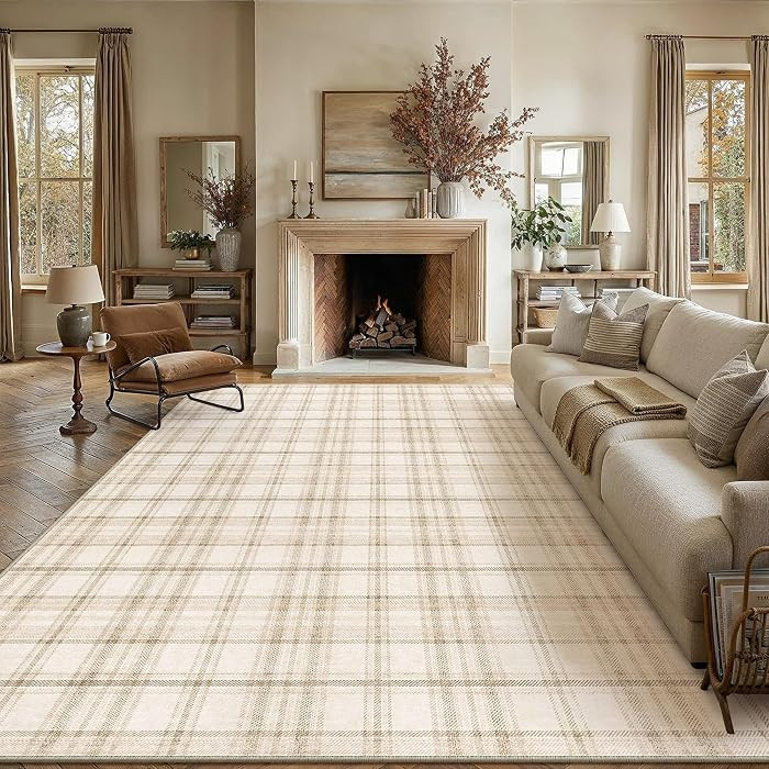 8x10 Beige Plaid Living Room Area Rug | Amazon (US)