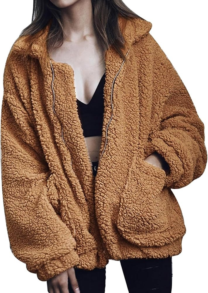 Comeon Winter Coats for Women Shaggy Fur Jacket Fuzzy Faux Shearling Zip Up Oversized Warm Shacke... | Amazon (US)