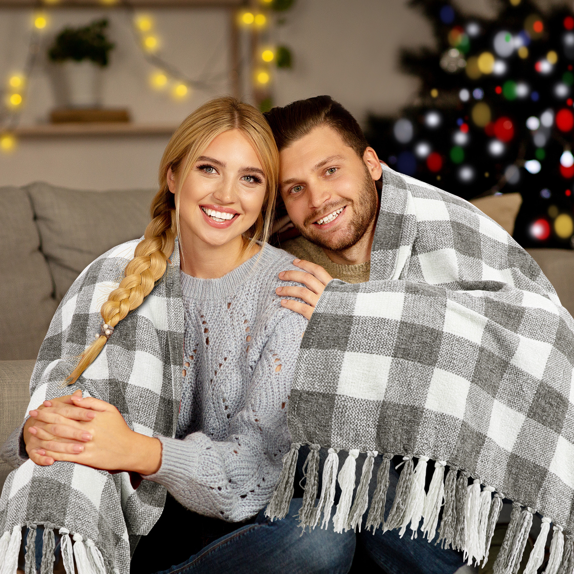 PiccoCasa Chenille Throw Blankets Tassel Plaid, Gray and White, Throw | Walmart (US)
