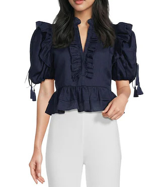 A Loves A Woven Ruffle Split V-Neck Short Bubble Sleeve Cropped Flounce Blouse | Dillard's | Dillard's