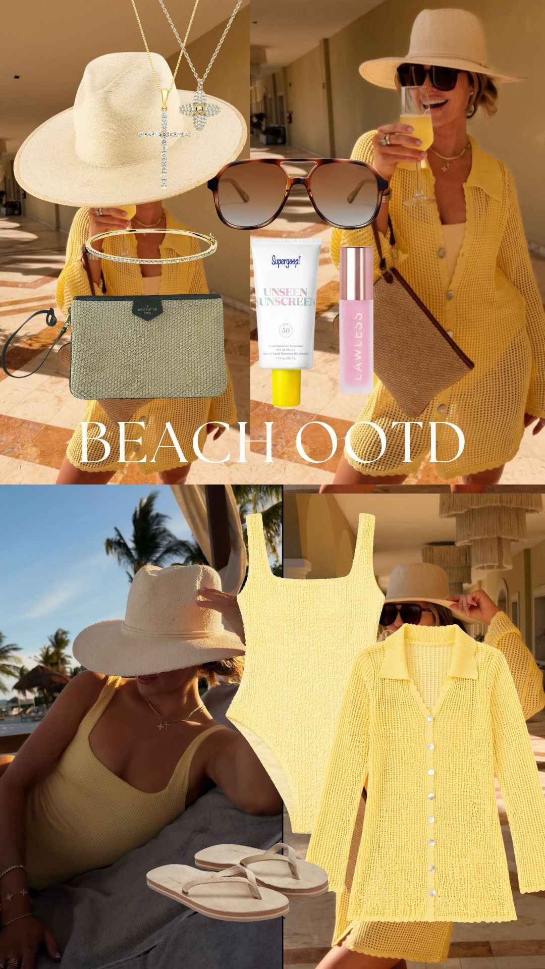 Mumu swim comes in several colors!!🧈🥐 

beach ootd, yellow beach outfit, vacation outfit, resort wear, euro summer, tropical vacation outfit, beach day outfit, poolside outfit, cover up outfit, knit cover up, crochet cover up, yellow cardigan set, matching set, textured knit set, one piece swimsuit, yellow swimsuit, feminine beachwear, coastal outfit, chic vacation style, effortless summer style, neutral accessories, straw hat outfit, wide brim hat, oversized sunglasses, beach accessories, woven clutch, straw bag, gold jewelry, dainty necklace, cross necklace, minimal jewelry, flip flops, casual beach outfit, laid back luxury, resort style outfit, summer aesthetic, vacation vibes, outfit inspo, ootd ins

#LTKootd #LTKvlog #LTKgrwm