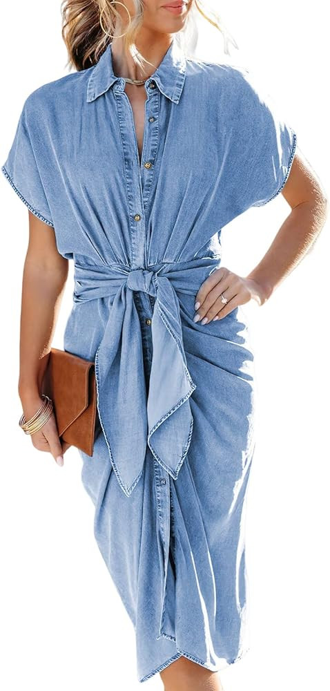 Women's Short Sleeve Lapel Button Down Denim Dress 2023 Casual Summer Belted Ruched Bodycon Midi ... | Amazon (US)