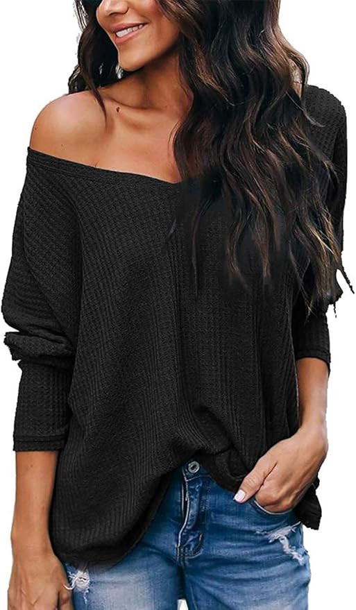 NIASHOT Womens V Neck Long Sleeves Casual Soft Sweaters Pullover Tops | Amazon (US)