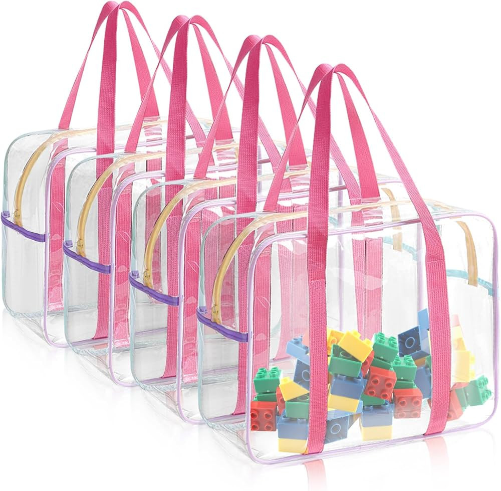 4 Pack Ultra Large Clear Toy Storage Bags, 13.8 x 9.5 x 5.1in Toy Organizer with Zipper & Side Po... | Amazon (US)