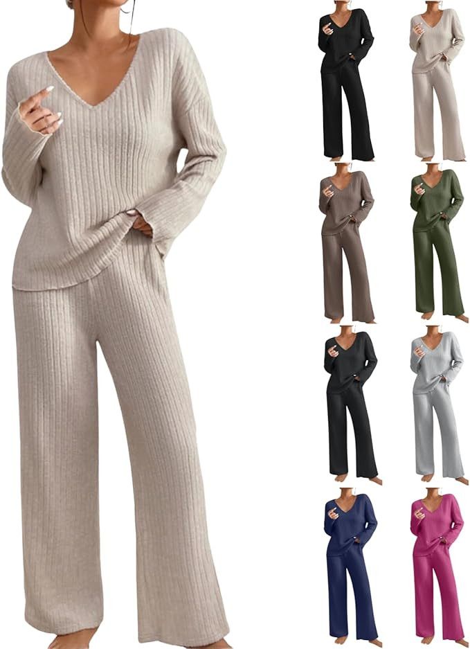 2 Piece Outfits for Women Knit Sweater Long Sleeve Crewneck Tops and Wide Leg Pants 2024 Ribbed F... | Amazon (US)
