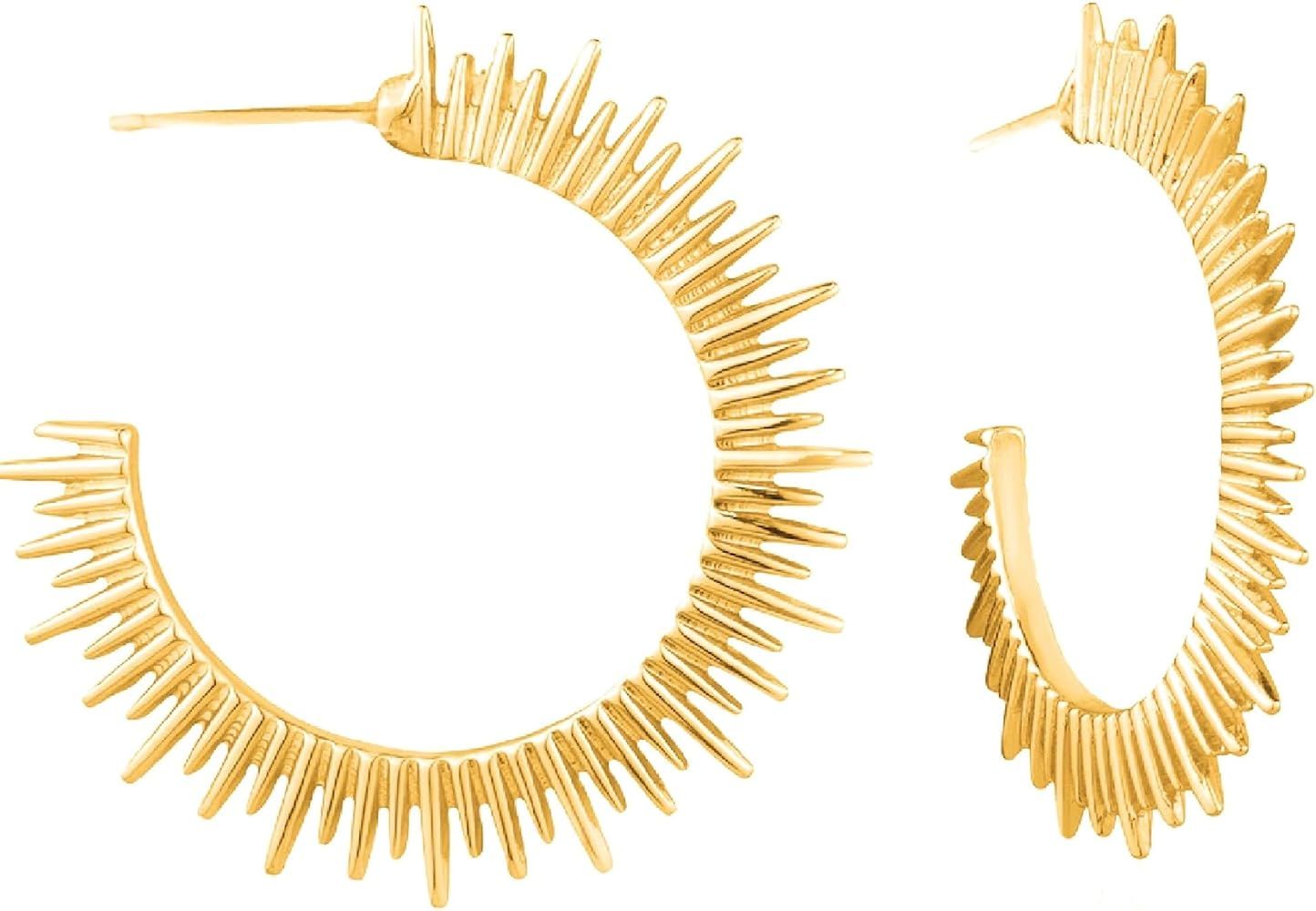– Women’s Spike Earrings – 16k Gold, Silver and Rose-Gold Plated Open C Sun Hoop Earrings ... | Amazon (US)