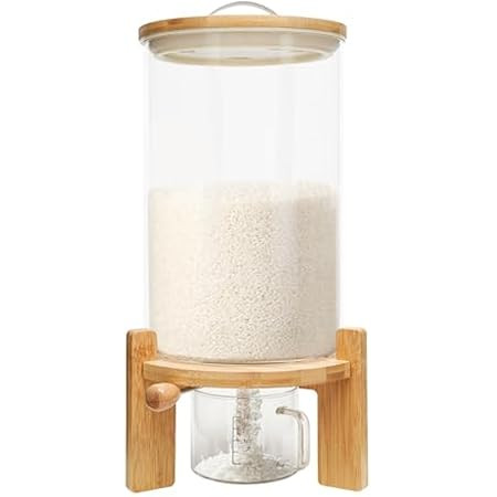 Rice Dispenser Glass with Wooden Stand, Home Cereal Dispenser Jars for Kitchen Flour Sugar Grain ... | Amazon (US)