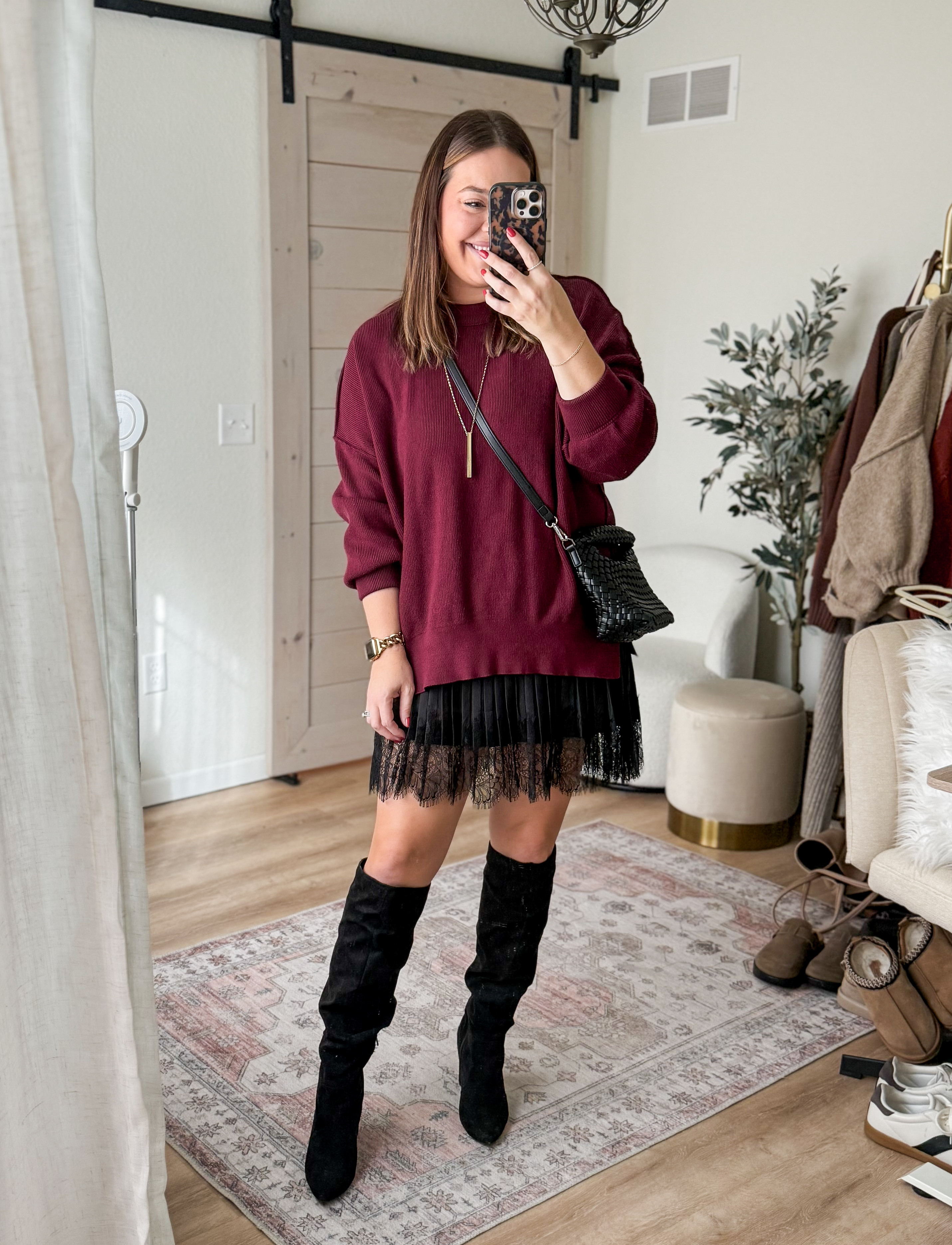 Dressed up fall outfit // add tights if it’s cooler outside // oversized sweater / lace skirt, ruffle mini ski skirt / knee-high boots

#LTKStyleTip #LTKHoliday #LTKMidsize