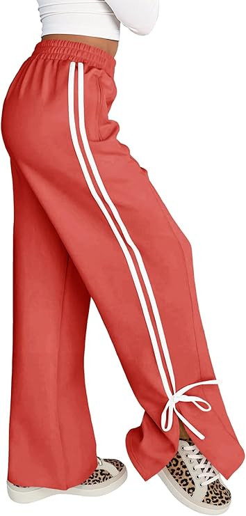 Fisoew Womens Wide Leg Track Pants High Waisted Side Slit Striped Baggy Sweatpants with Pockets R... | Amazon (US)