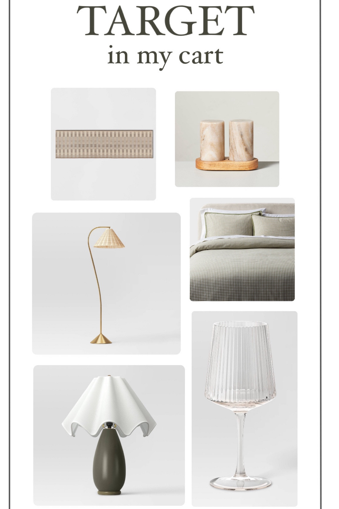 What’s in my Target cart. So many great newly added items added! The wine glasses are so beautiful, modern lamps, classic bedding, and of course the chic salt & pepper shaker. 

#LTKFindsUnder50 #LTKHome #LTKFindsUnder100