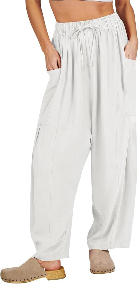 ANRABESS Women's Linen Wide Leg Pants Summer Casual Elastic Waistband Drawstring Palazzo Harem Pa... | Amazon (US)