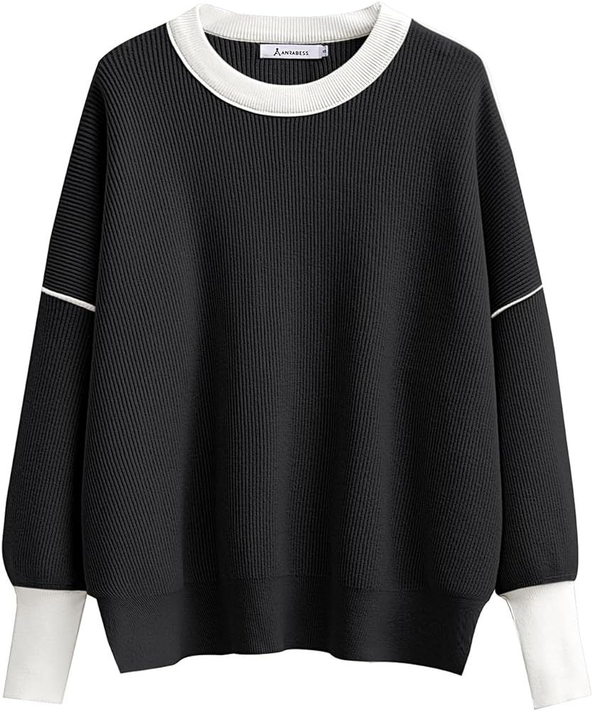 ANRABESS Womens Oversized Sweaters Fall 2024 Fashion Crewneck Batwing Long Sleeve Side Slit Knit ... | Amazon (US)