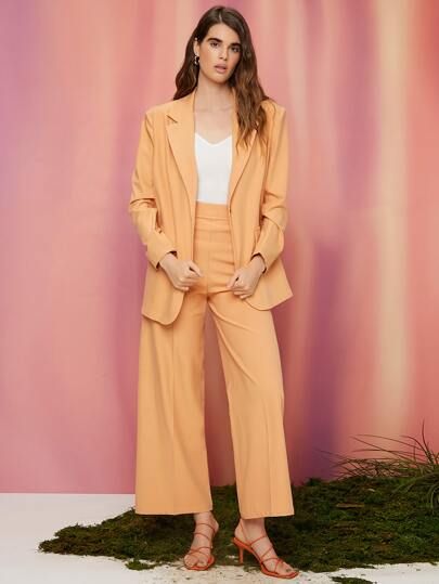 SHEIN Solid Lapel Collar Flap Detail Blazer & Pants Suit | SHEIN