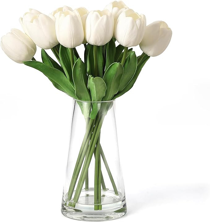 GarveeLife 10Pcs Real Touch Artificial Tulips in Vase, White Fake Flowers, Lifelike Faux Tulips B... | Amazon (US)