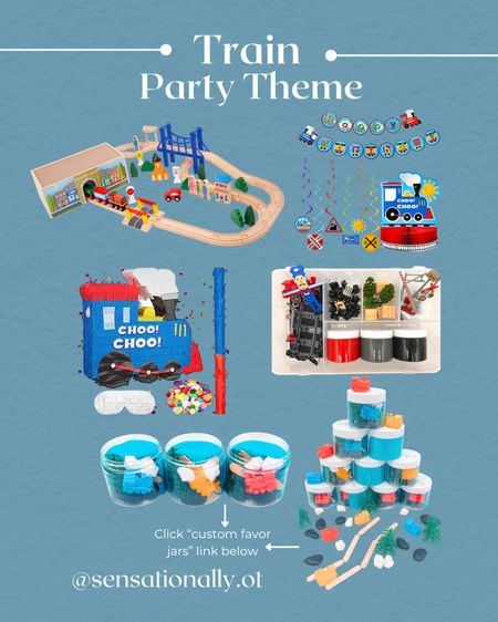 All aboard!!  🚊

If you are stuck on what theme you should do for you little boy's birthday party, I have 
this cute suggestion for you!  Sensationally OT can even make custom train party favor jars via their "custom favor jar" link.  All you need to do is include your party theme (trains--or whatever you like) and your party date.  They make all the magic happen for you!  I also linked everything else you might need to create this theme for your little train lover!

#LTKbirthdayideas #Birthdaypartythemes #Trainstoys