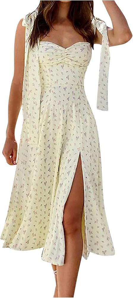 Women's Fashion Summer V-Neck Sling Lace Floral Halter Slit Base Dress Strap Adjustable Elegant C... | Amazon (US)