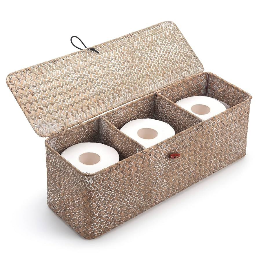 Whitewash Seagrass Tank Basket with Lid Woven Toilet Roll Storage Basket with Sections Rectangula... | Amazon (US)