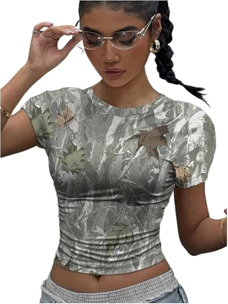 Women's Y2k Camo Maple Leaf Print Crop T Shirts Crew Neck Short Sleeve Slim Fit Tops Grunge Going... | Amazon (US)
