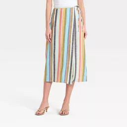 Women's Linen Midi Wrap Skirt - A New Day\u2122 Cream Striped S | Target