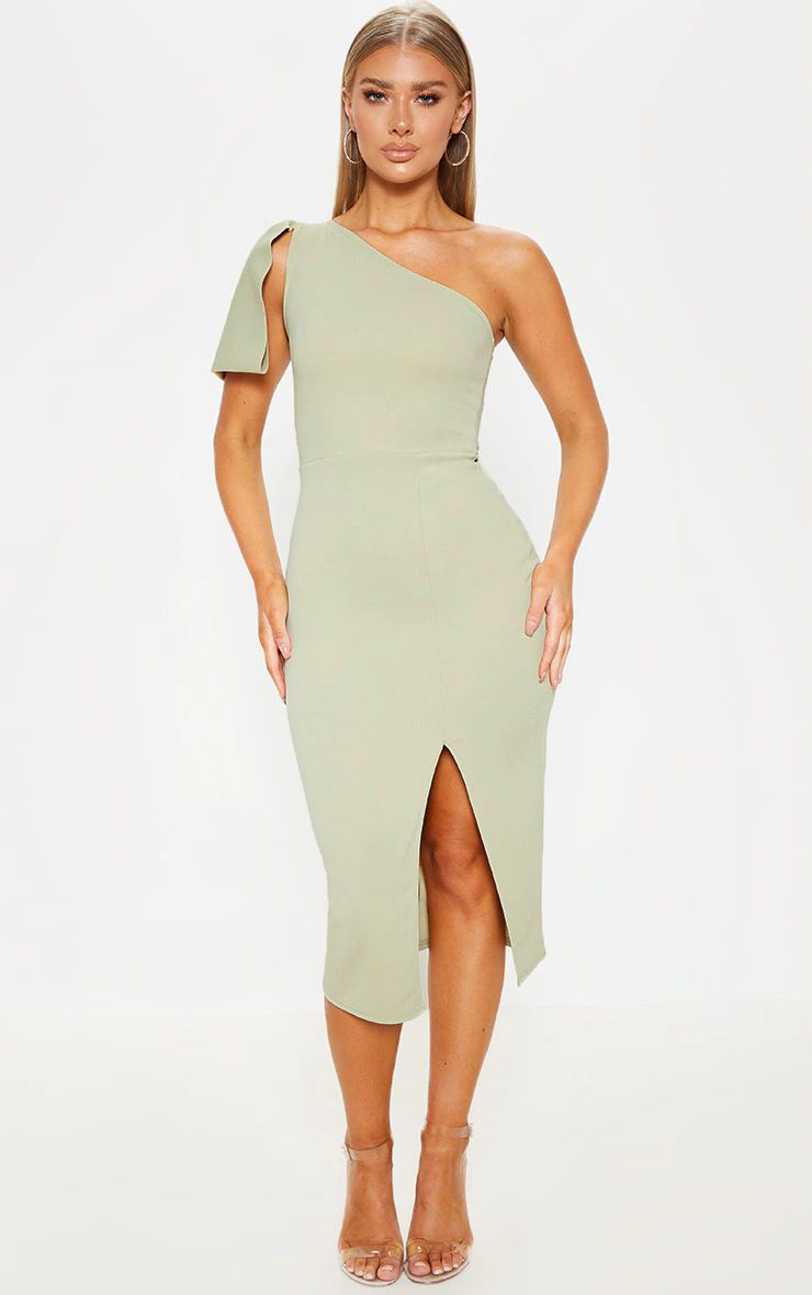 Sage Green One Shoulder Bow Detail Midi Dress | PrettyLittleThing US