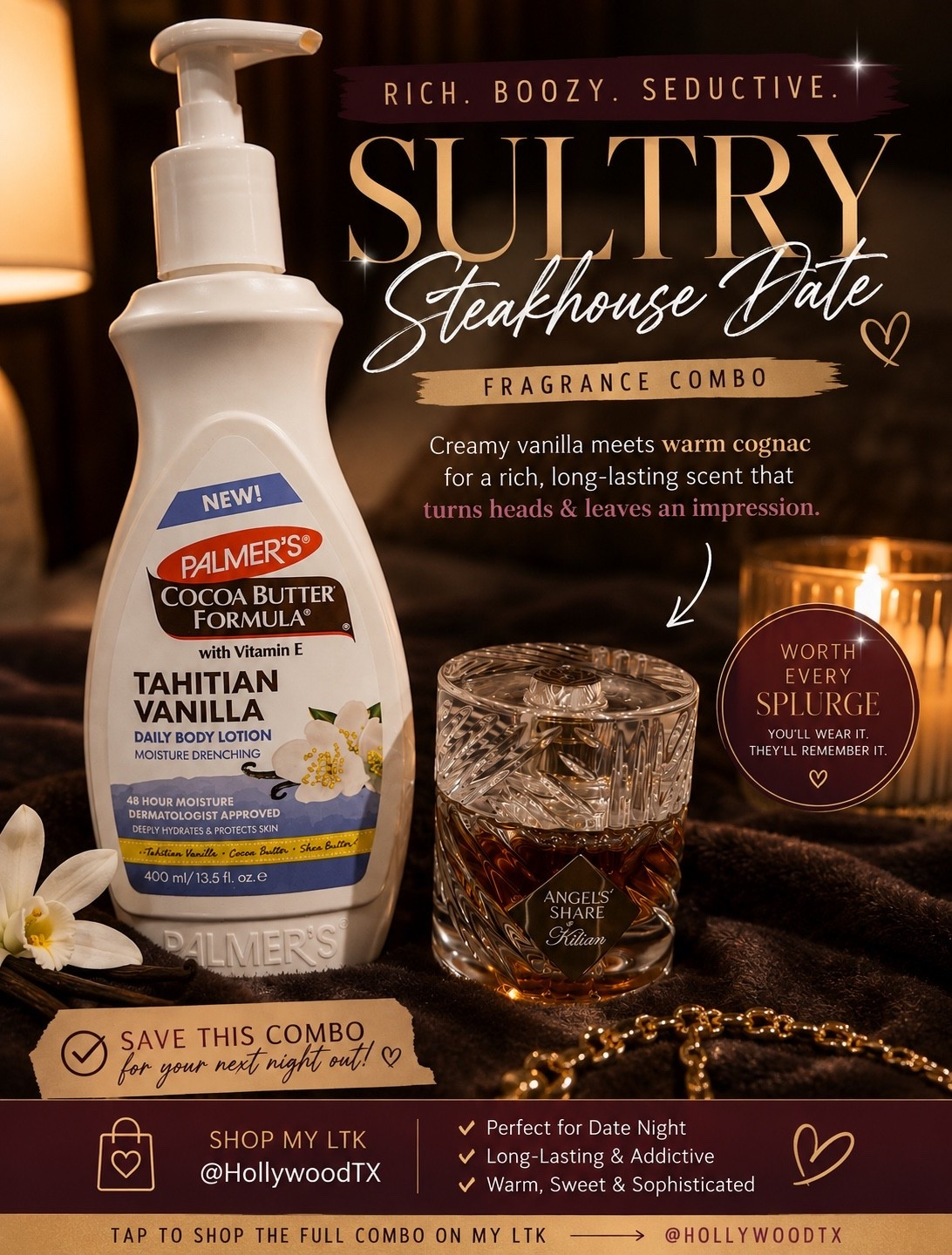 Steakhouse reservations call for a fragrance that enters the room with you. 🥃✨

I layered Palmer’s Tahitian Vanilla + Kilian Angels’ Share for a rich, boozy, seductive combination of creamy vanilla, warm cognac, spice and smooth sweetness. This is not the casual coffee-date scent 😂 this is dress on, heels on, reservations made, ordering the good steak energy.

Angels’ Share is definitely a splurge, but if you love luxurious gourmand fragrances that smell distinctive and LAST, this one is worth putting on your wishlist. 🤎

Shop the full steakhouse date-night combo on my LTK and save it for your next night out!

#LTKgrwm #LTKBeauty #LTKSeasonal