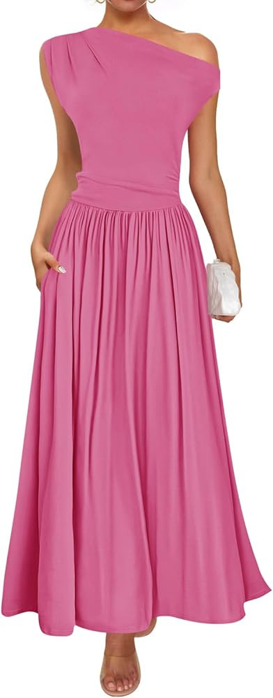 ZESICA Women's Summer 2026 Sleeveless Maxi Dress One Shoulder Casual Slim Swing Pleated Formal Dr... | Amazon (US)