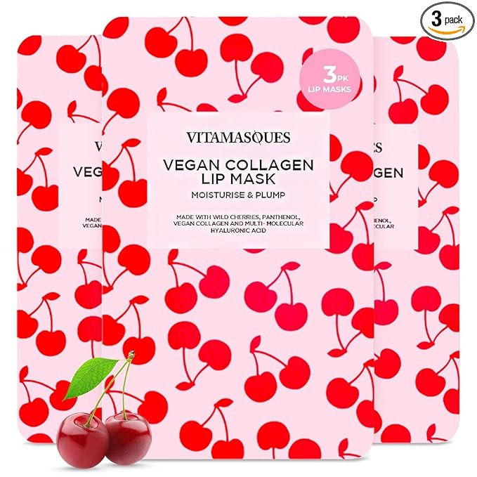 Vitamasques Lip Mask, 3-Pack - Cherry Vegan Collagen Lip Mask Sheets, Repair for Dry & Chapped Li... | Amazon (US)