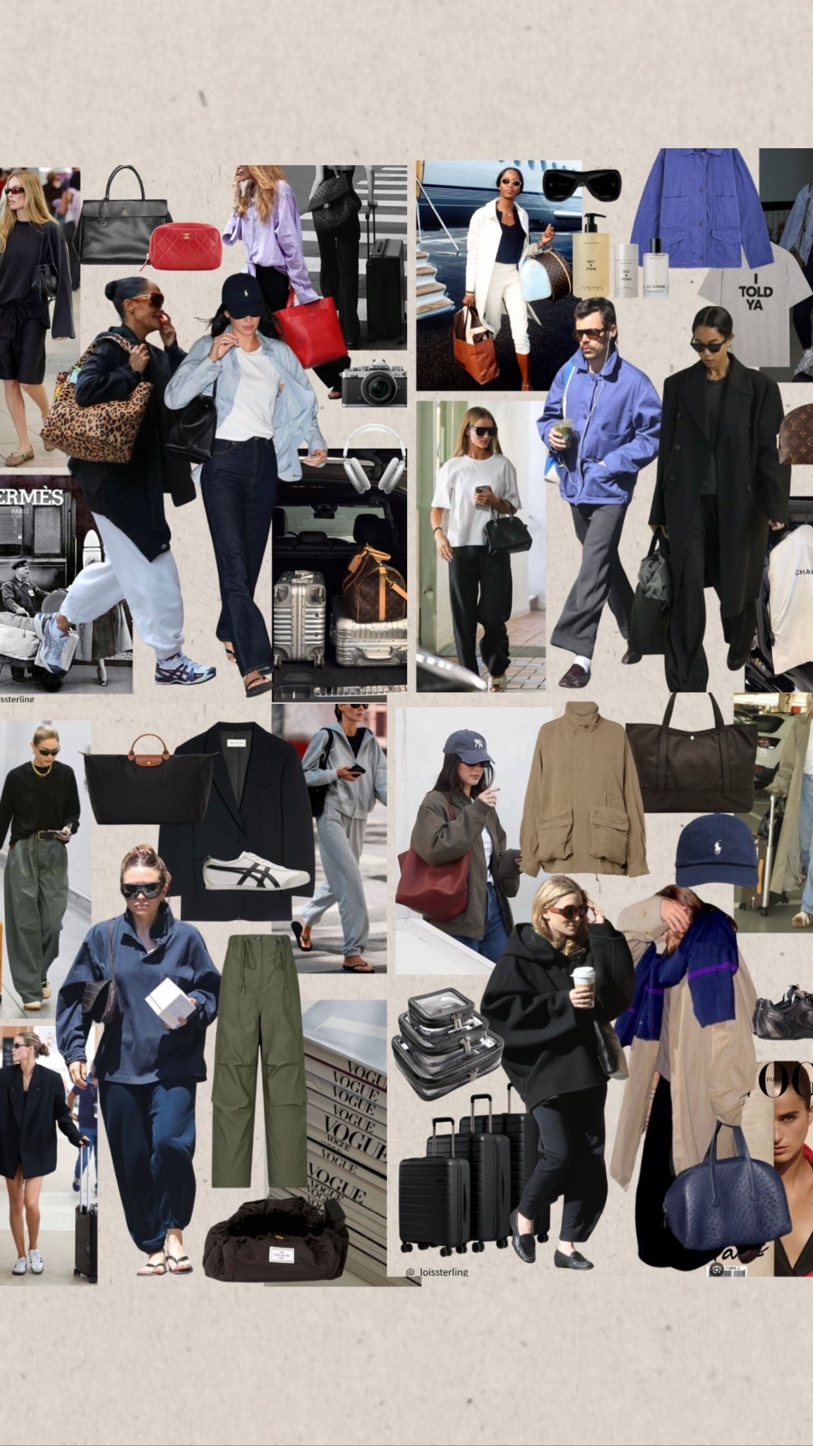 Chic Travel inspo ✈️ 4 inspo edits + 7 outfits including my go to travel accessories. Save this post for your next trip. 

📌 Every year I update my travel looks on my Pinterest board, but there are some looks that never leave. I adore looking at 90’s ‘airport chic outfits’ and travel style throughout time. 

Although travelling is all about being comfortable and practical I still love to look nice. I actually enjoy wearing nice clothes and feeling a little dressy for my travels, travelling is very tiring so at least we can look nice doing it.

I prioritise comfy trousers & footwear, a stylish roomy bag ( which is usually a tote bag, which can be worn on my shoulder and a big pair of sunglasses. These is something very chic about joggers with a blazer, cargo pants and a vest & a silk coord set, which are usually  my choice of outfits to travel in. 

I have been using the same travel outfit formula and accessories for years & highly rate them, which are featured on these slides. 

The links to these looks are saved under my * April links * highlight or