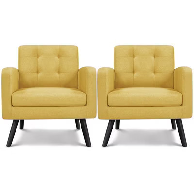 Yaheetech Set of 2 Mid Century Tufted Back Accent Arm Chair with Rubberwood Legs, Yellow | Target