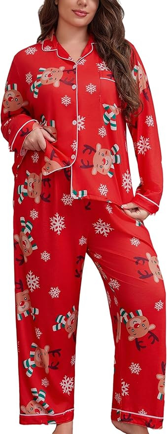 Christmas Pajamas for Women Set 2 Piece Plus Size Pj Cute Xmas lounge Sets Long Sleeve Button Dow... | Amazon (US)