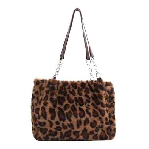 Plush Faux Fur Leopard Print Handbag，Y2K Furry Fur Purse，Chain Fuzzy Strap Cheetah Print Shoulder Tote Bag For Women Gift | Amazon (US)