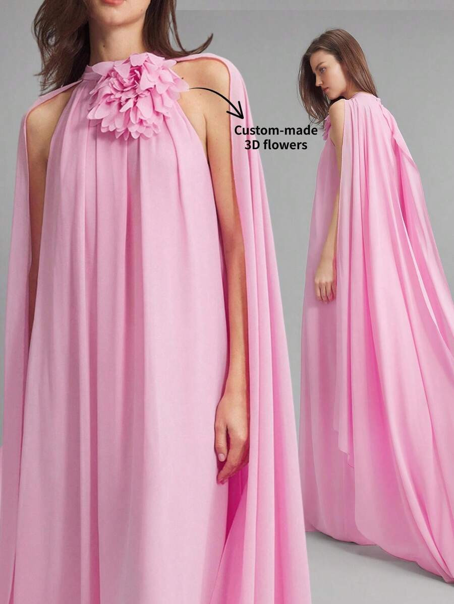 Ontre 2026 Spring/Summer New Arrival Women's Dress, Sakura Pink Chiffon Dress With 3D Floral Desi... | SHEIN