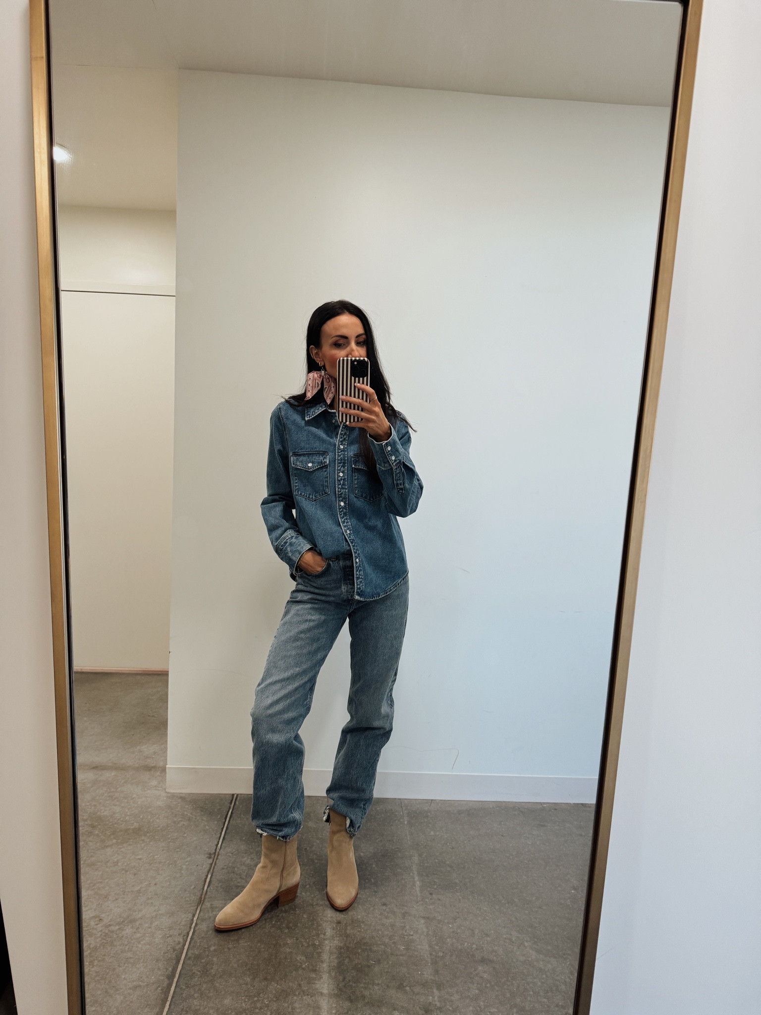 Denim on denim plus boots and big earrings. New bandana earrings come in 5 colors. Super lightweight and under $40. 