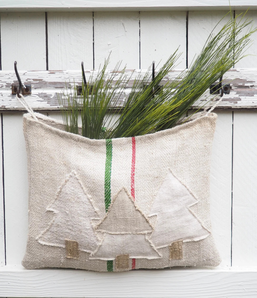 Vintage Red and Green Striped Grain Sack Hanging Pocket Pouch, Christmas Tree Holiday Design - Et... | Etsy (US)