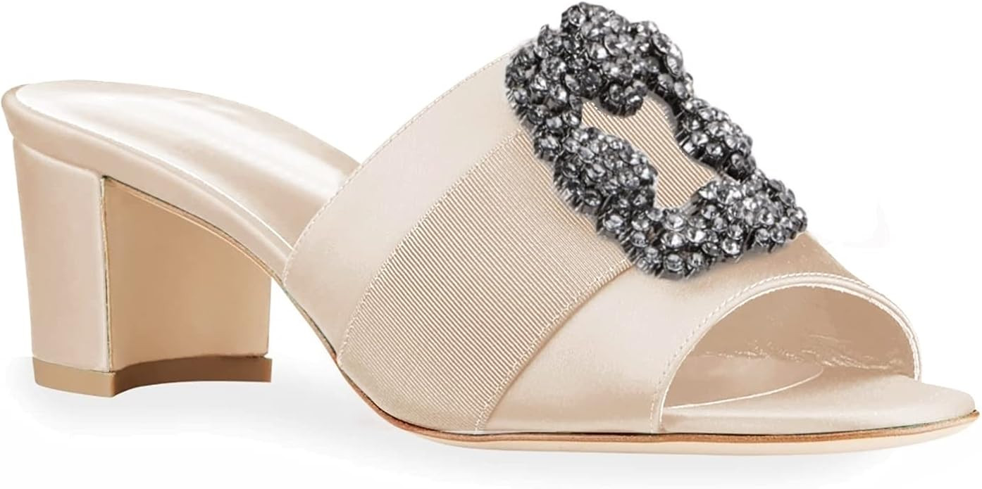 Womens Chunky Block Heel Mules Dressy Sandals Open Toe Rhinestone Jeweled Low Heeled Wedding Slid... | Amazon (US)