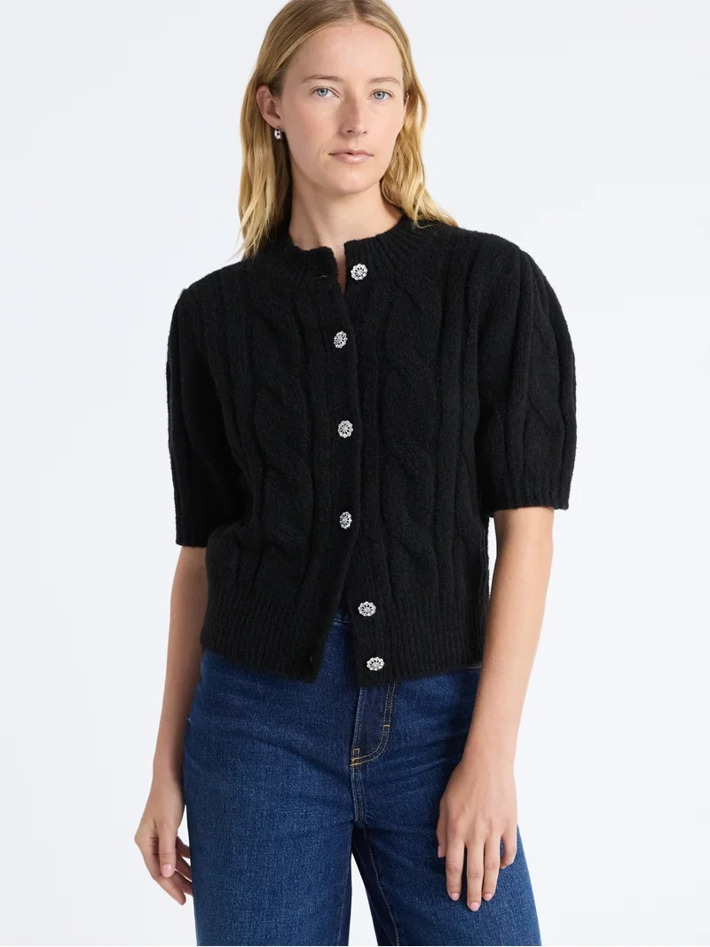 Free Assembly Women's and Women's Plus Cable Cardigan with Short Puff Sleeves, Sizes XS-4X - Walm... | Walmart (US)