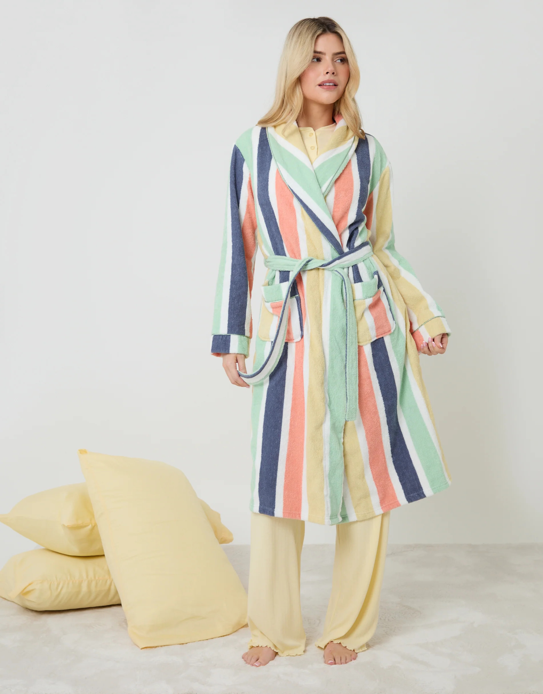 Pure Cotton Towelling Dressing Gown in Pastel Stripe | Threadbare