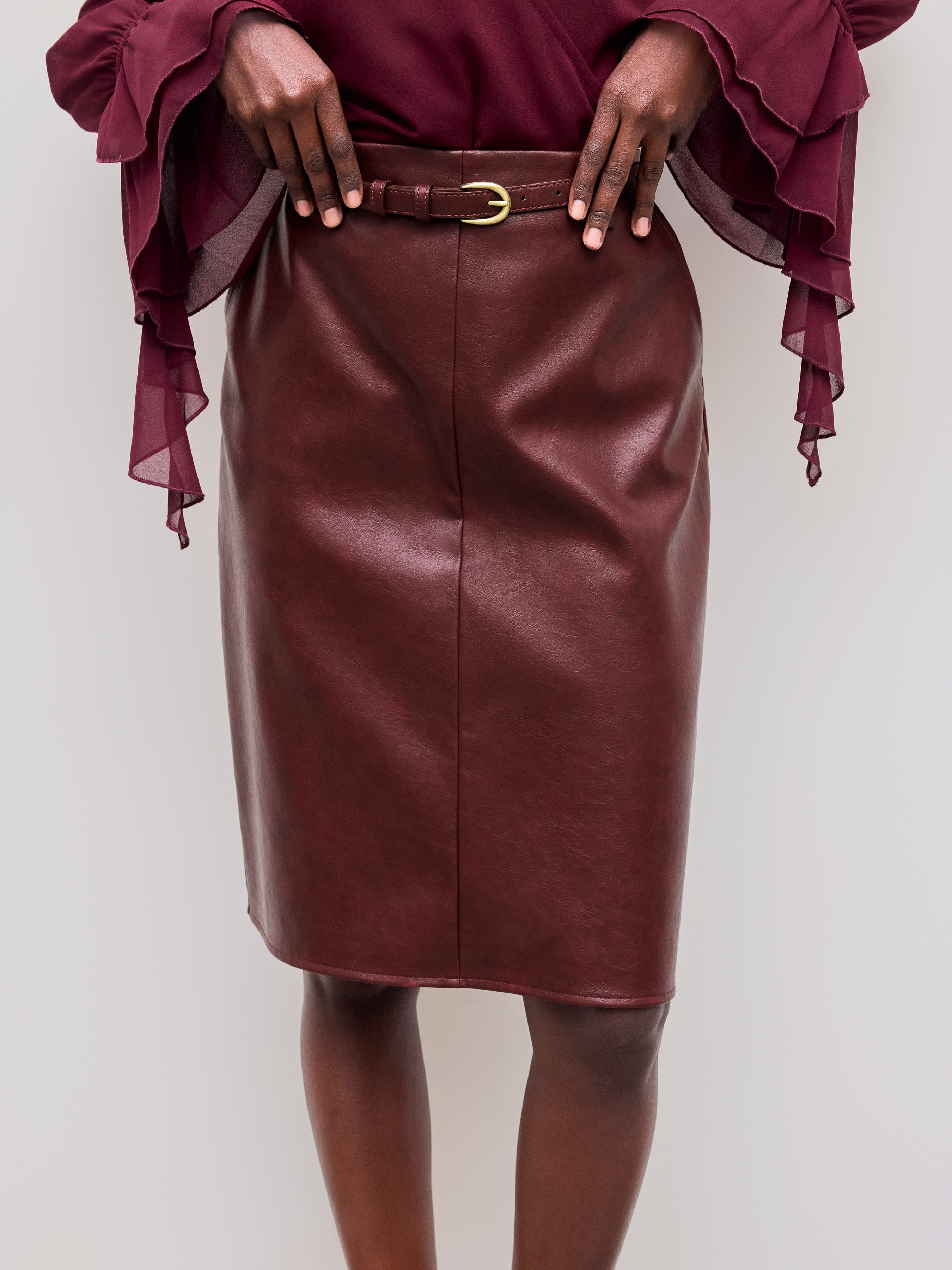 Faux Leather Faux Leather Mid Rise Solid Split Pocket Midi Skirt With Belt For Music Festival/Liv... | Cider