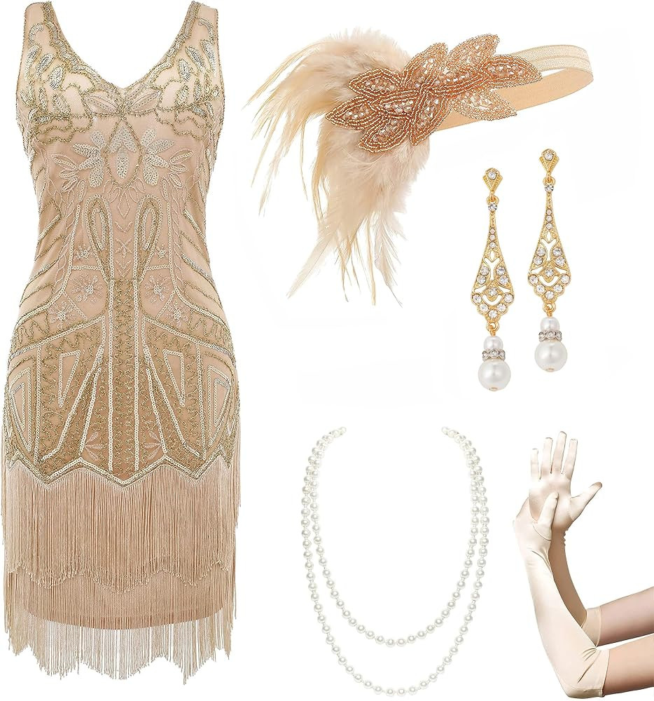 BABEYOND Women’s Flapper Dresses Set 1920s V Neck Beaded Fringed Great Gatsby Dress with Access... | Amazon (US)
