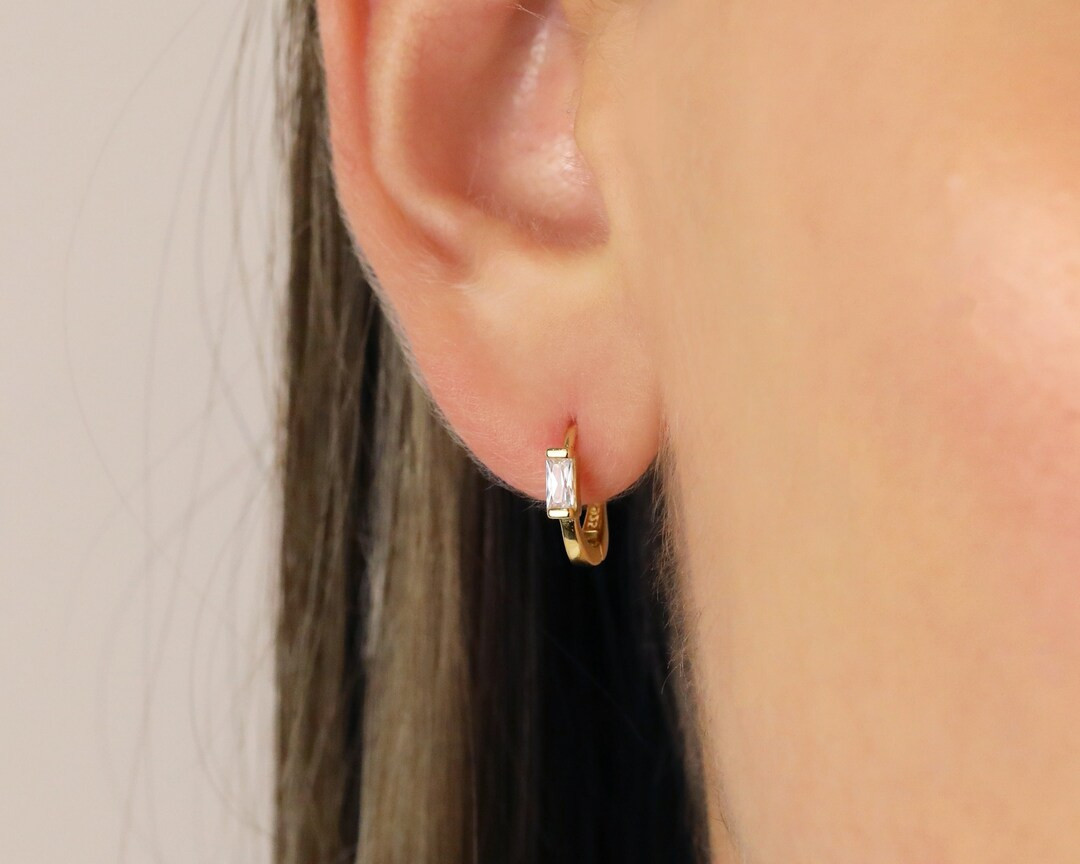 Baguette Cut Hoop Earrings • Tragus Earrings • Tiny Hoop Earrings • Cartilage Hoop Earrings... | Etsy (US)