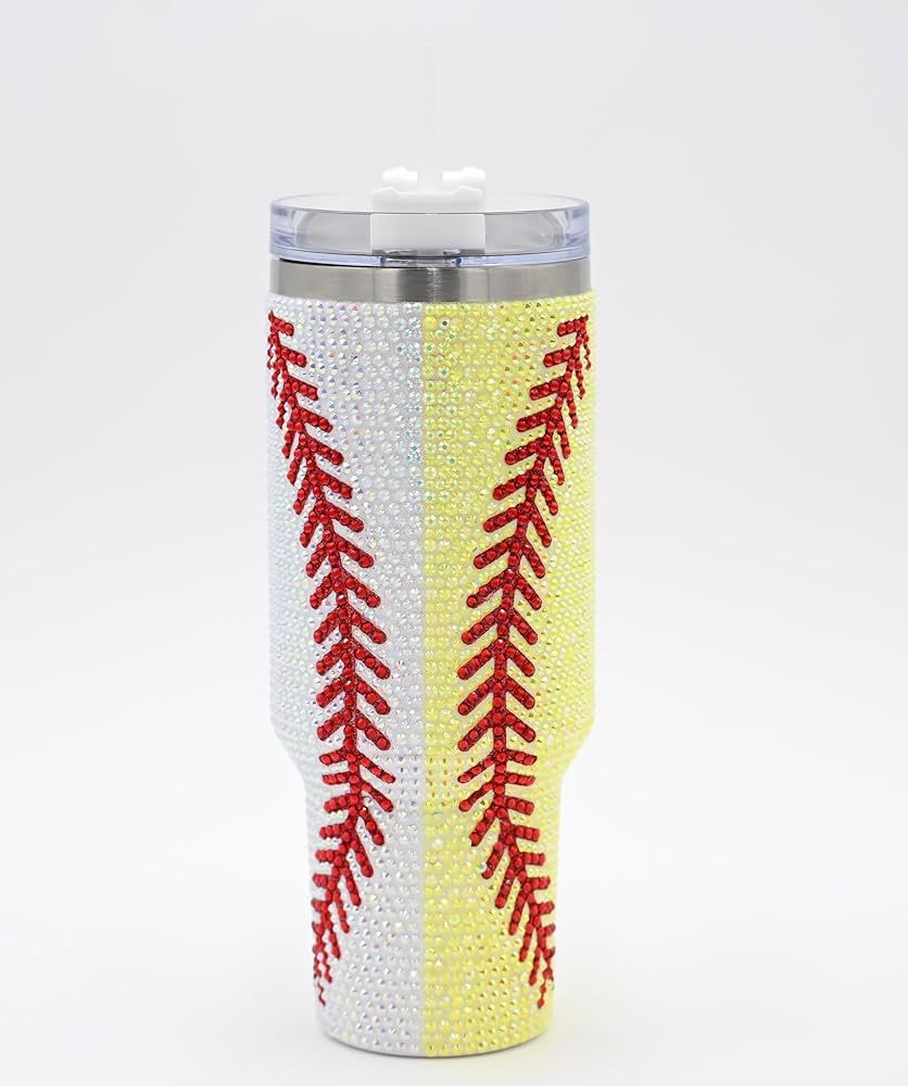 40 Oz Rhinestone Bling Tumbler with Handle and Straw (Baseball/Softball Combination), Stainless S... | Amazon (US)