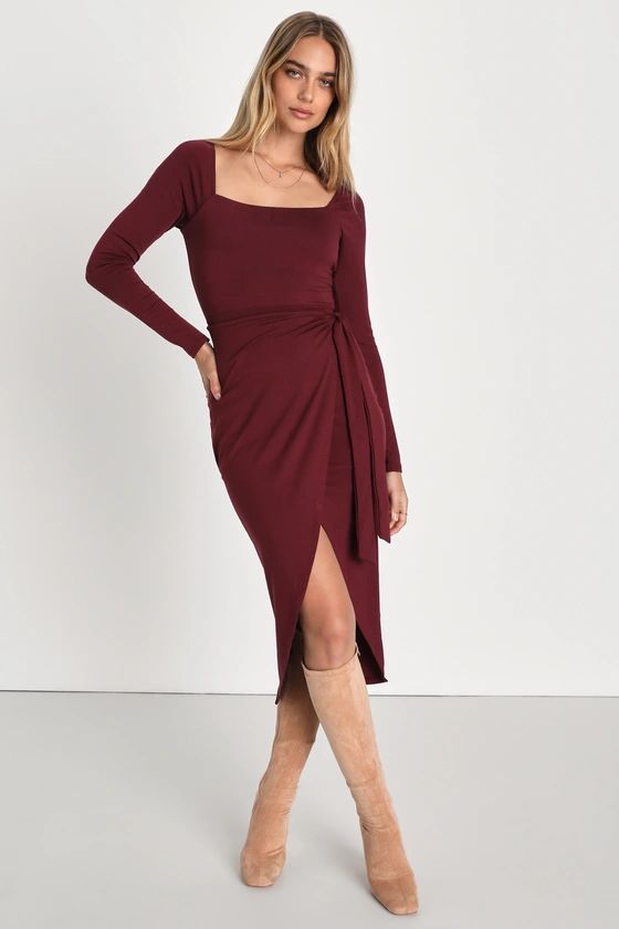 Truly Timeless Burgundy Long Sleeve Midi Wrap Dress | Lulus (US)